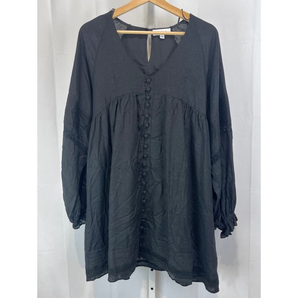 MABLE Linen Blend Long Sleeve Babydoll Tunic Mini Dress V Neck Button Black S